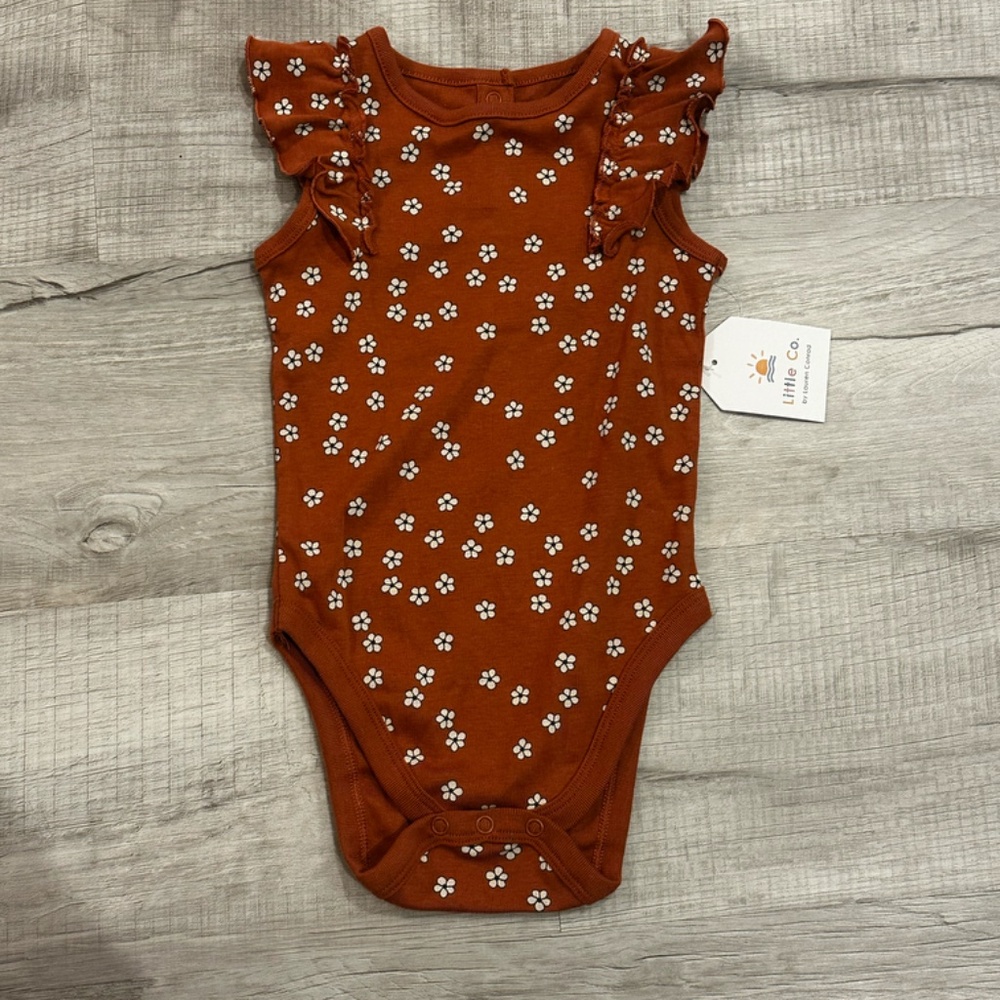 NWT Little Co brown white floral baby girl onesie short sleeve18m organic cotton